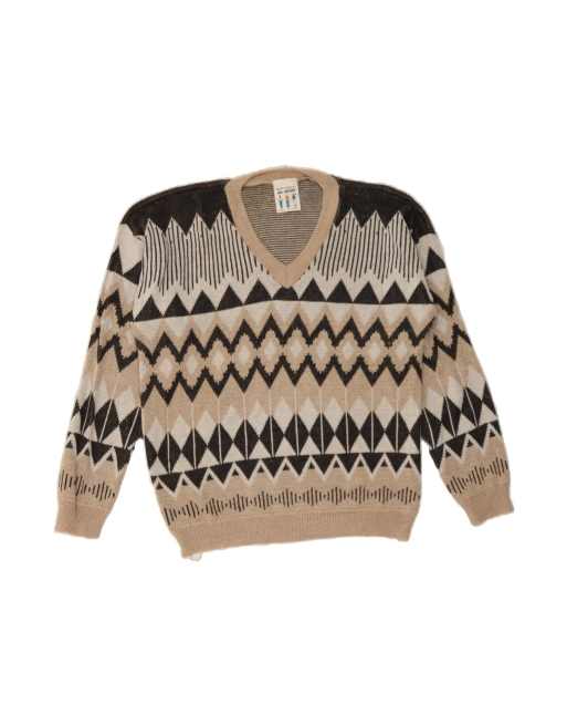 Vintage V-neck Jumper Sweater XL In Beige Fair Isle