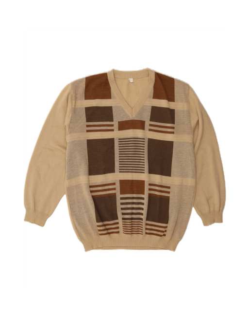 Vintage V-neck Jumper Sweater XL In Beige Geometric