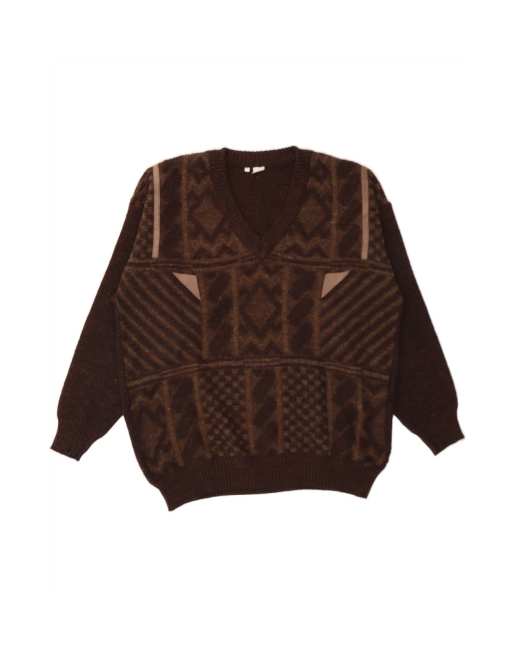 Vintage V-neck Jumper Sweater XL In Brown Fair Isle
