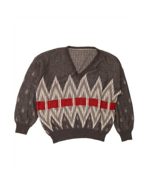 Vintage V-neck Jumper Sweater XL In Grey Argyle/diamond