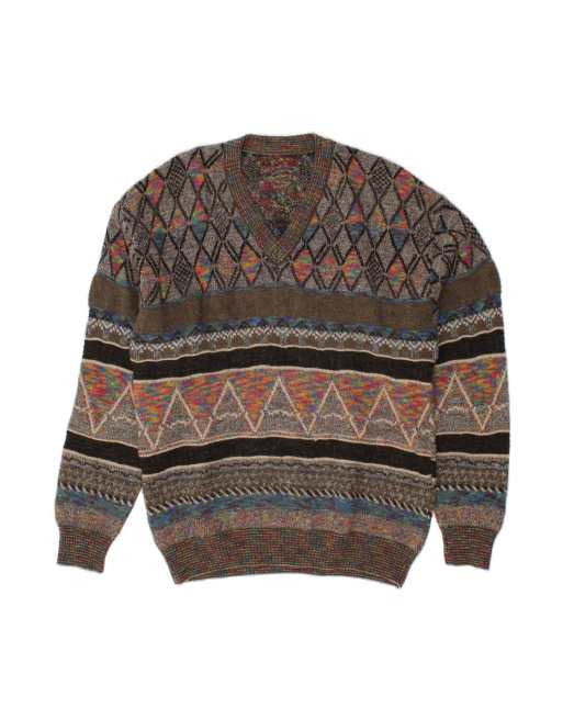 Vintage V-neck Jumper Sweater XL In Grey Fair Isle