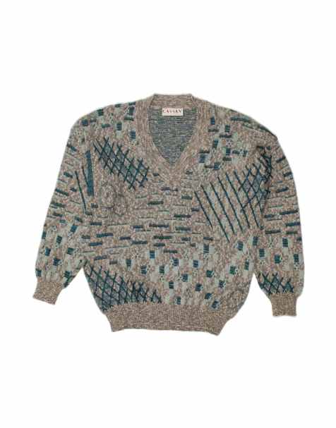 Vintage V-neck Jumper Sweater XL In Grey Geometric Wool - view 1