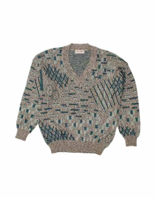 Vintage V-neck Jumper Sweater XL In Grey Geometric Wool