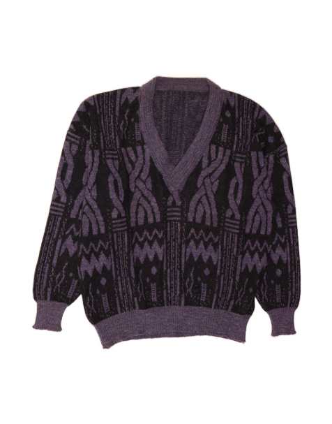 Vintage V-neck Jumper Sweater XL In Purple Fair Isle Wool - view 1