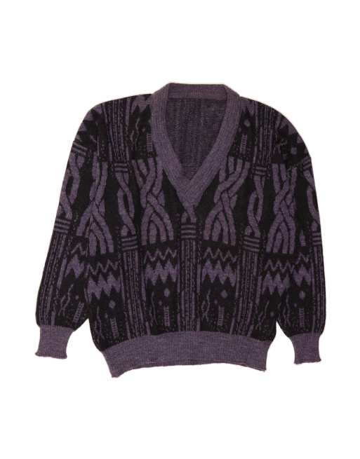 Vintage V-neck Jumper Sweater XL In Purple Fair Isle Wool