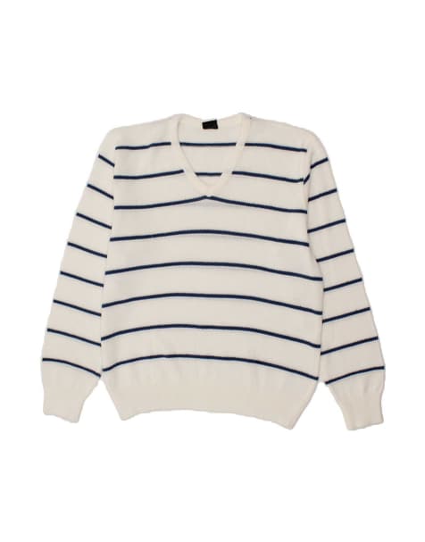 Vintage V-neck Jumper Sweater XL In White Striped - view 1