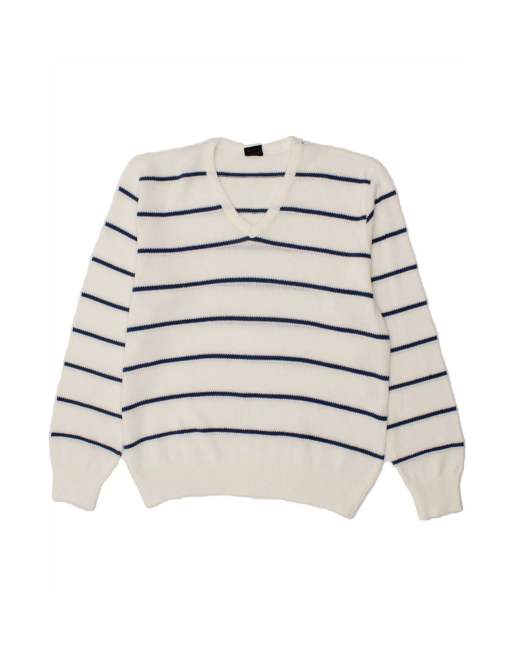 Vintage V-neck Jumper Sweater XL In White Striped