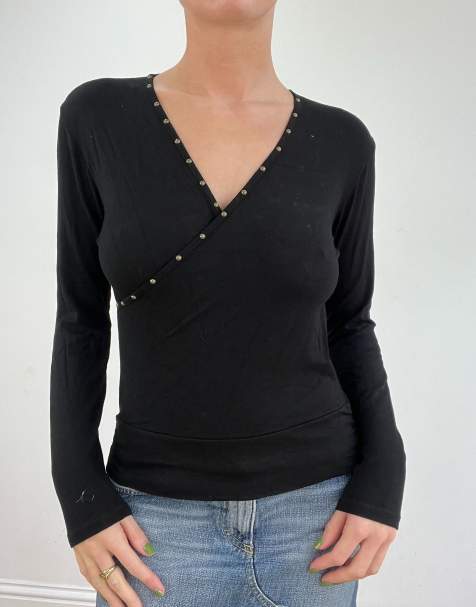 Vintage v neck studded top in black - view 1