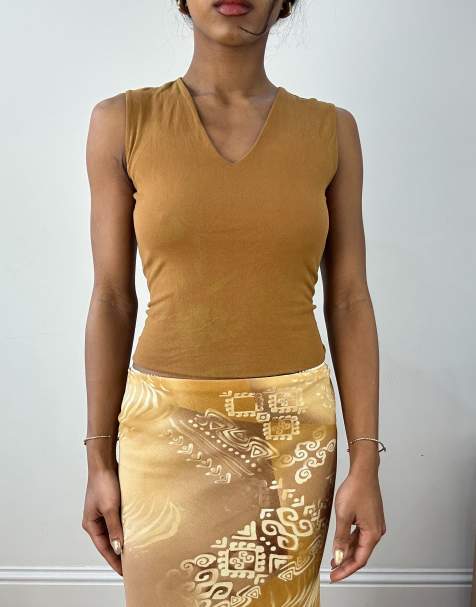 Vintage v neck tank top  in camel - view 1