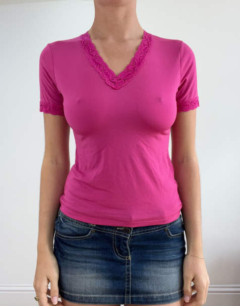Vintage v neck top in pink - view 1