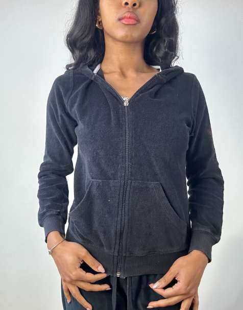 Vintage velour zip up graphic hoodie in black - view 1