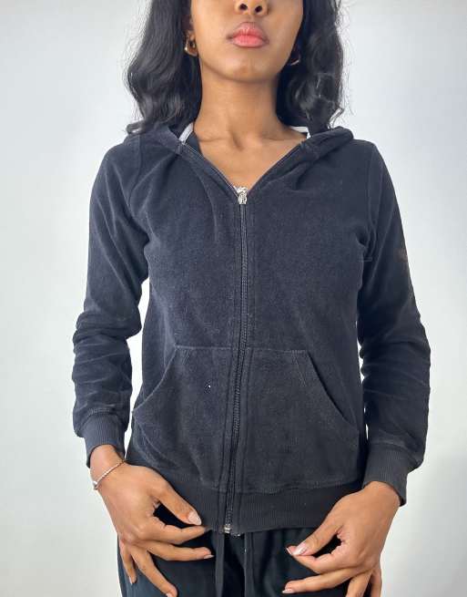 Vintage velour zip up graphic hoodie in black