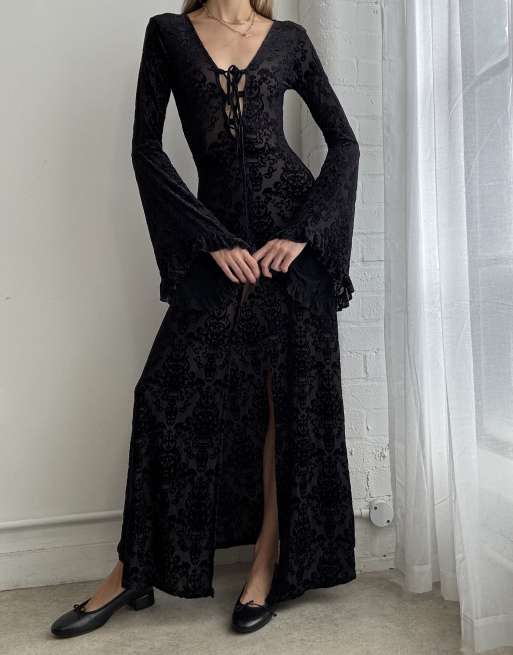 Vintage velvet tie front maxi dress with bell sleeves size xs in black