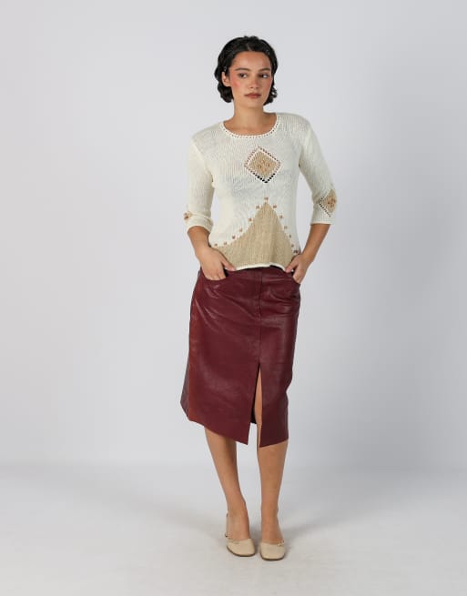 Vintage Vera Pelle S leather midi skirt in burgundy red, 1 of 4