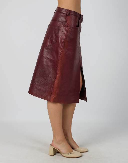 Vintage Vera Pelle S leather midi skirt in burgundy red, 2 of 4