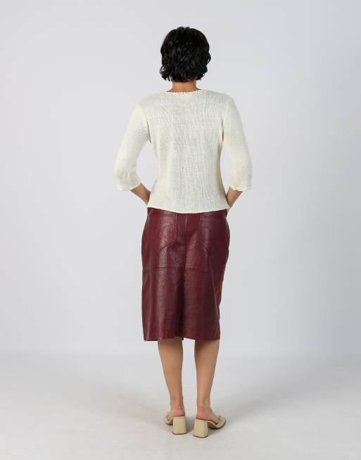 Vintage Vera Pelle S leather midi skirt in burgundy red, 3 of 4