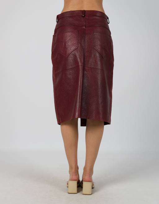 Vintage Vera Pelle S leather midi skirt in burgundy red, 4 of 4