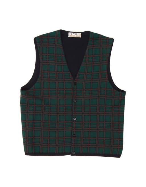 Vintage Waistcoat Large In Green Check Wool