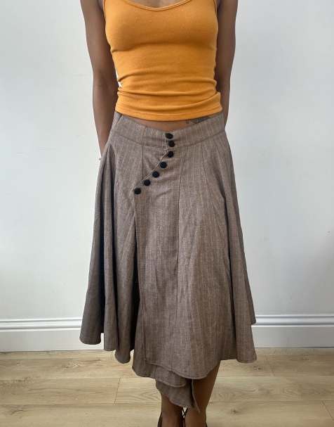 Vintage waterfall style skirt with buttons in brown - view 1