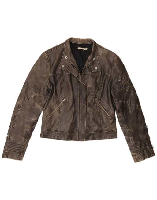 Vintage Womens Crop Leather Racer Jacket IT 42 Medium Brown, 1 of 4