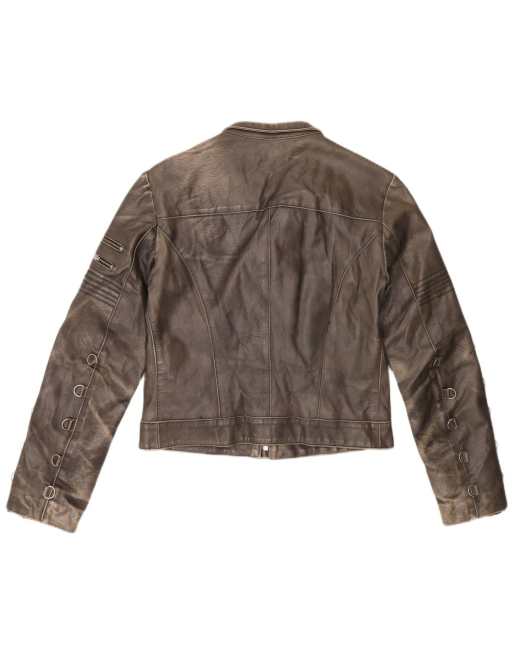 Vintage Womens Crop Leather Racer Jacket IT 42 Medium Brown, 2 of 4