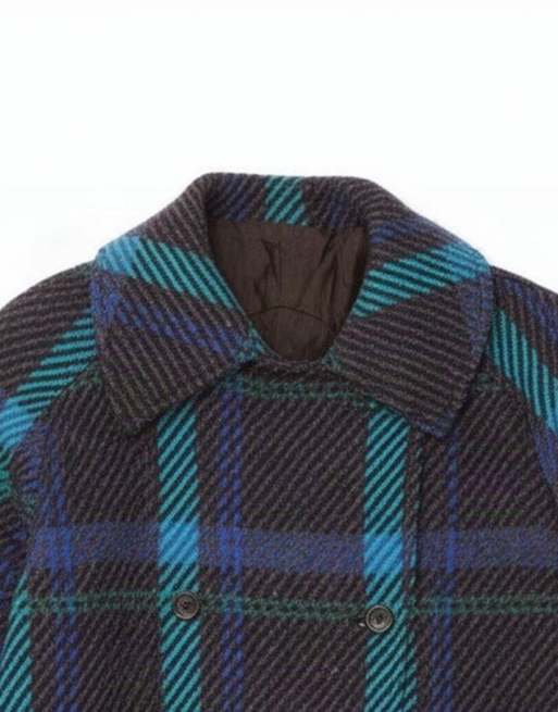 Vintage Womens Double Breasted Coat UK 14 Large Blue Plaid Virgin Wool, 4 of 4