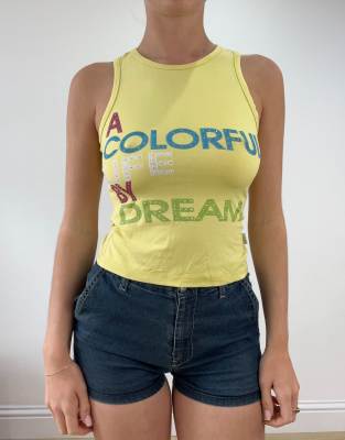 Vintage word graphic tank top in yellow