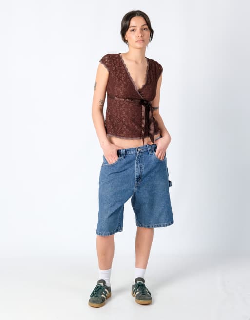 Vintage Wrangler 32x21 Denim Carpenter Baggy Jorts Shorts Light Blue