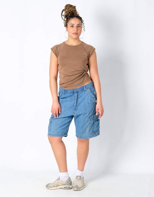 Vintage Wrangler 34x21 Denim Carpenter Baggy Jorts Shorts Light Blue, 2 of 4