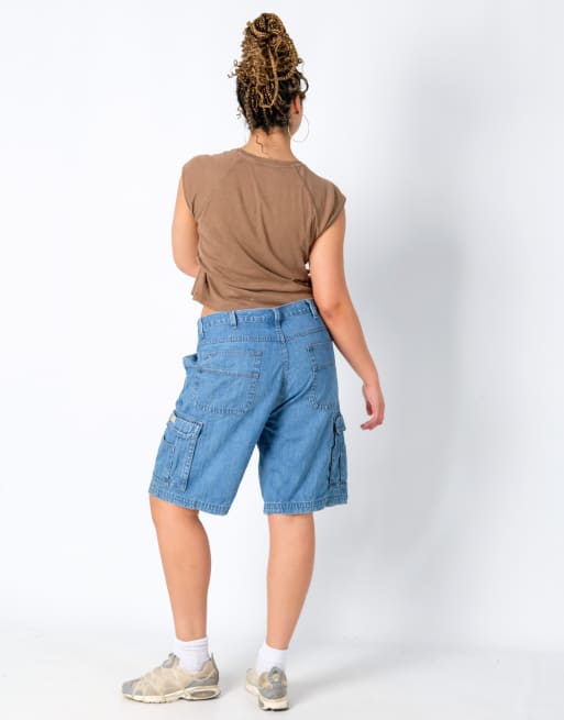 Vintage Wrangler 34x21 Denim Carpenter Baggy Jorts Shorts Light Blue, 3 of 4