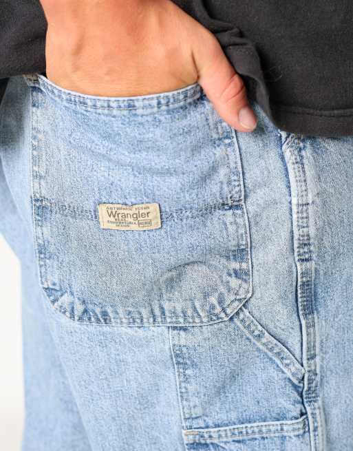 Vintage Wrangler 34x22 denim carpenter baggy jorts shorts in light blue, 4 of 4