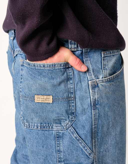 Vintage Wrangler 36x22 Denim Carpenter Baggy Jorts Shorts Light Blue, 4 of 4