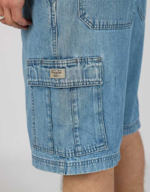 Vintage Wrangler 36x33 denim carpenter baggy jorts shorts in light blue, 4 of 4