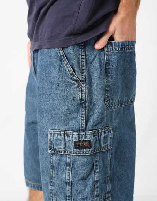Vintage Wrangler 36x96 denim carpenter baggy jorts shorts in navy blue, 4 of 4
