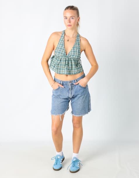 Vintage Wrangler asymmetric 30x17 denim jorts shorts in light blue - view 1