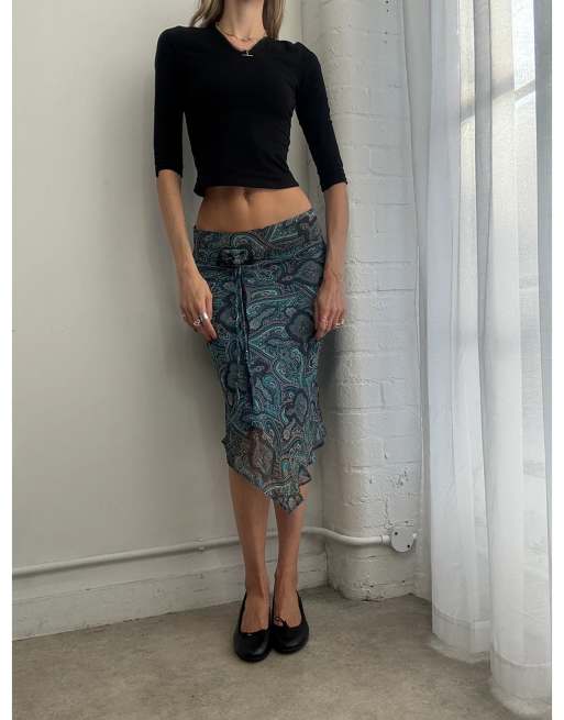 Vintage Y2K asymmetric mesh midi skirt size s in blue paisley