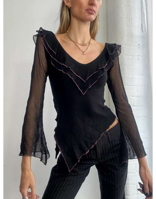 Vintage Y2K asymmetric ruffle mesh top size s in black
