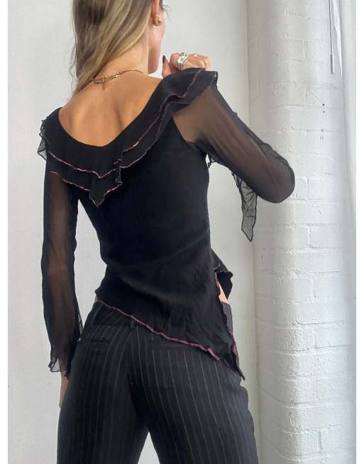 Vintage Y2K asymmetric ruffle mesh top size s in black, 2 of 4
