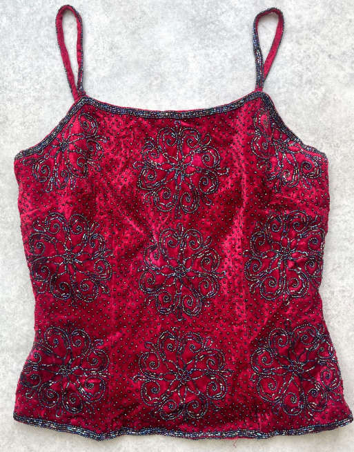 Vintage Y2k Beaded Cami Top in Burgundy, 4 of 4