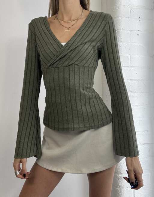 Vintage y2k cable knit v-neck jumper size m in khaki