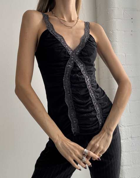 Vintage y2k cami with embellished lace size s in black - view 1
