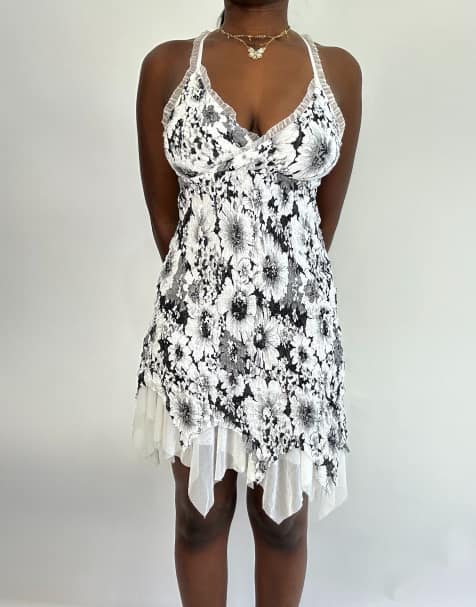 Vintage Y2K floral asymmetric hem dress in black and white - view 1
