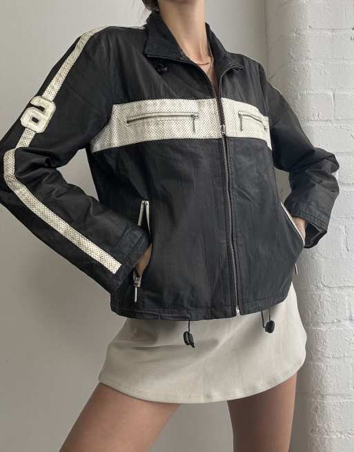 Vintage y2k leather racer jacket with stripe detail size m in black