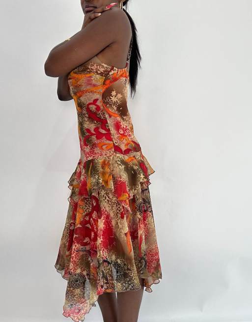 Vintage Y2K mesh floral dress with asymmetric hem in red and orange | ASOS