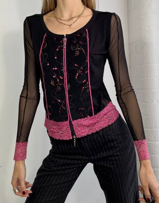Vintage y2k mesh long sleeve top size s in black