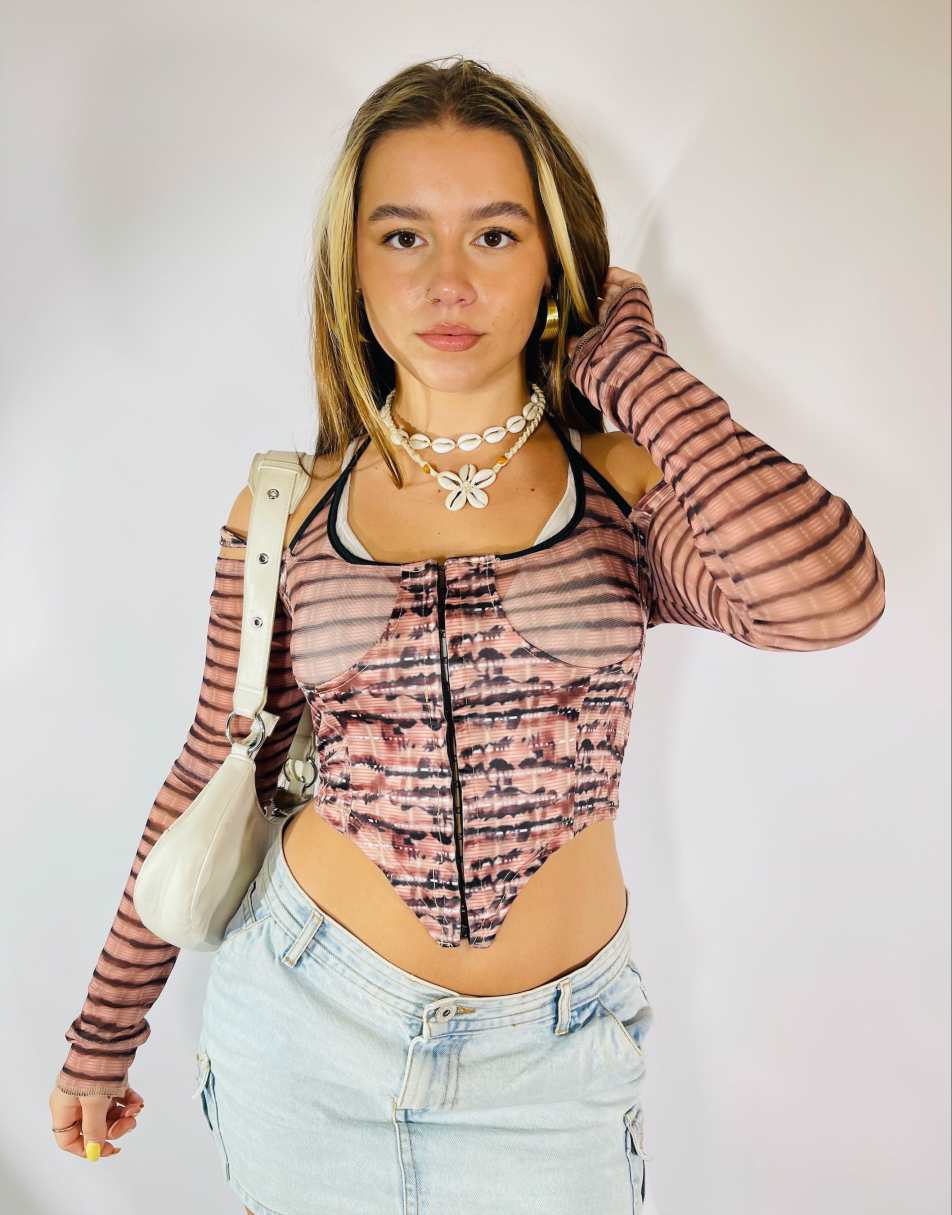 Vintage Y2K Mesh Size S Patterned Corset Top in Multi