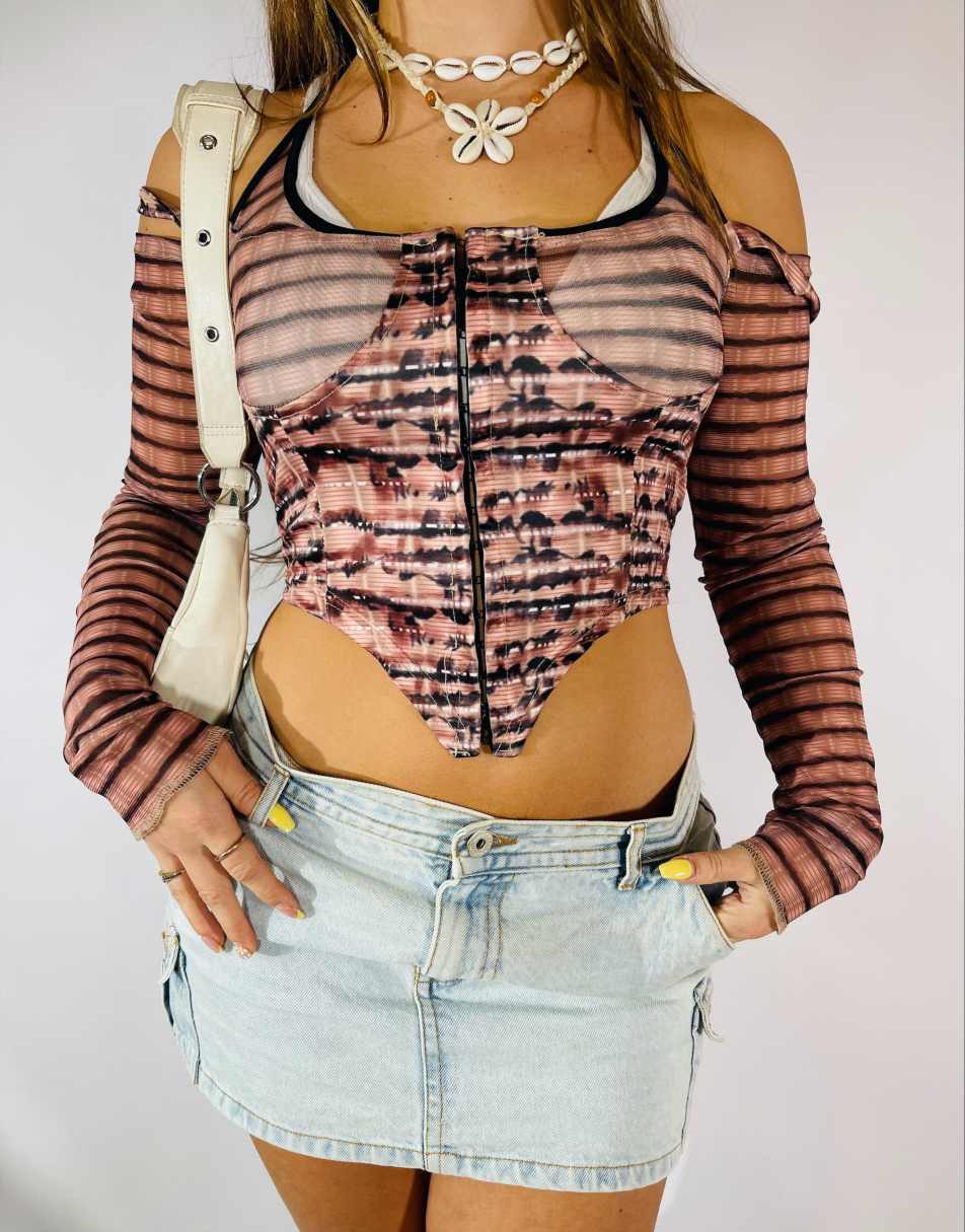 Vintage Y2K Mesh Size S Patterned Corset Top in Multi 0