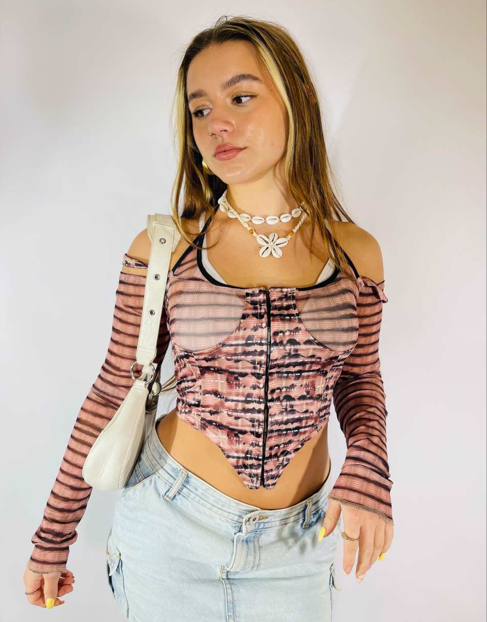 Vintage Y2K Mesh Size S Patterned Corset Top in Multi 1