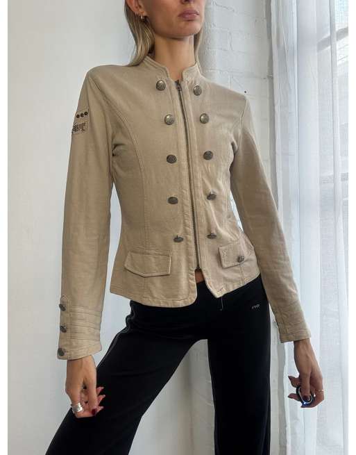 Vintage Y2K military style zip up jumper size s in beige