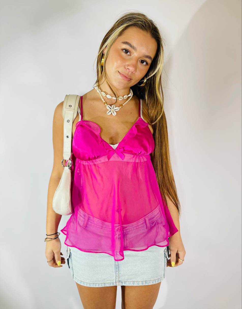 Vintage Y2K Satin Mesh Size S Cami in Pink